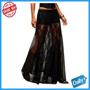 Lace Maxi Skirt A-Line Ruffle Boho Sheer Casual Long Skirt